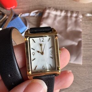 Stella and Dot Gold & Black Rectangular Watch with double black strap